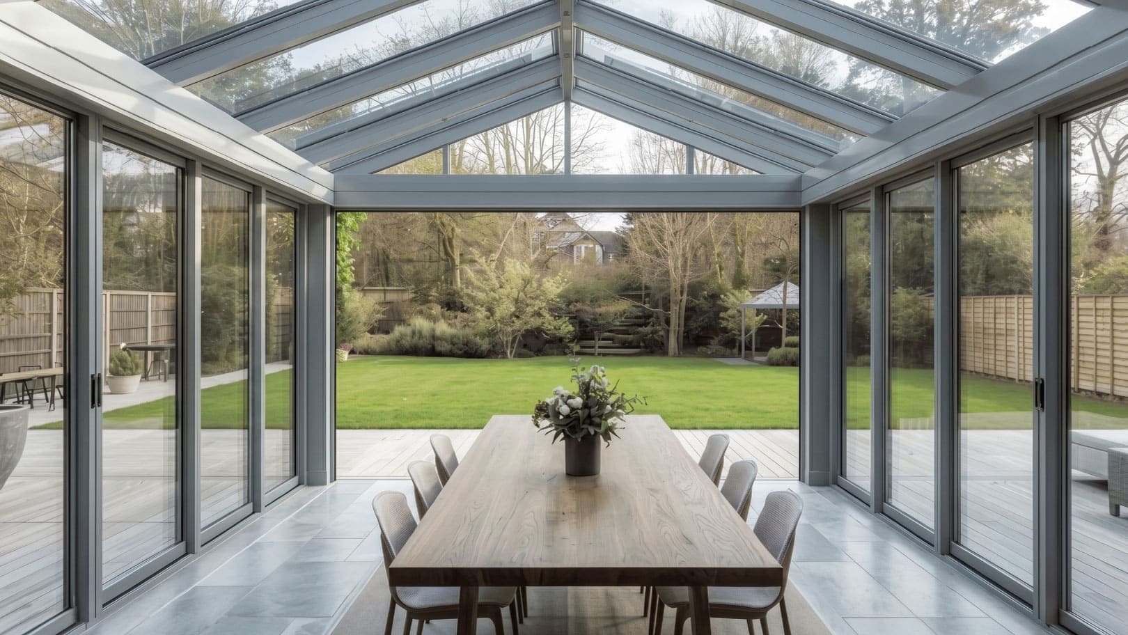 Glass garden room with lantern overlooking a landscaped garden at sunset