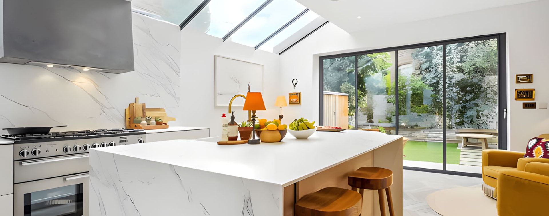 Modern kitchen extension with glass roof and bifold doors