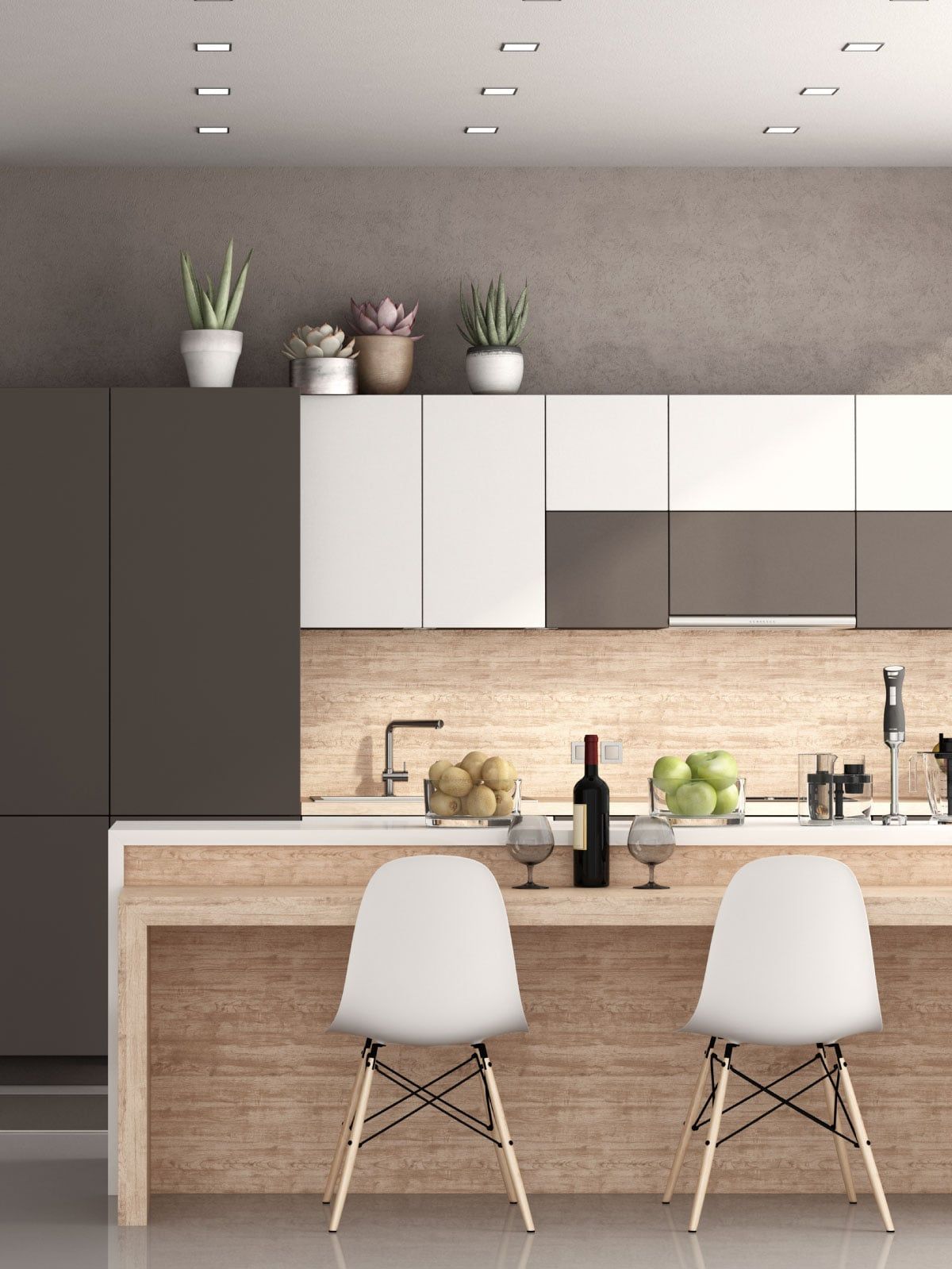 Open-plan kitchen renovation with exposed brick wall