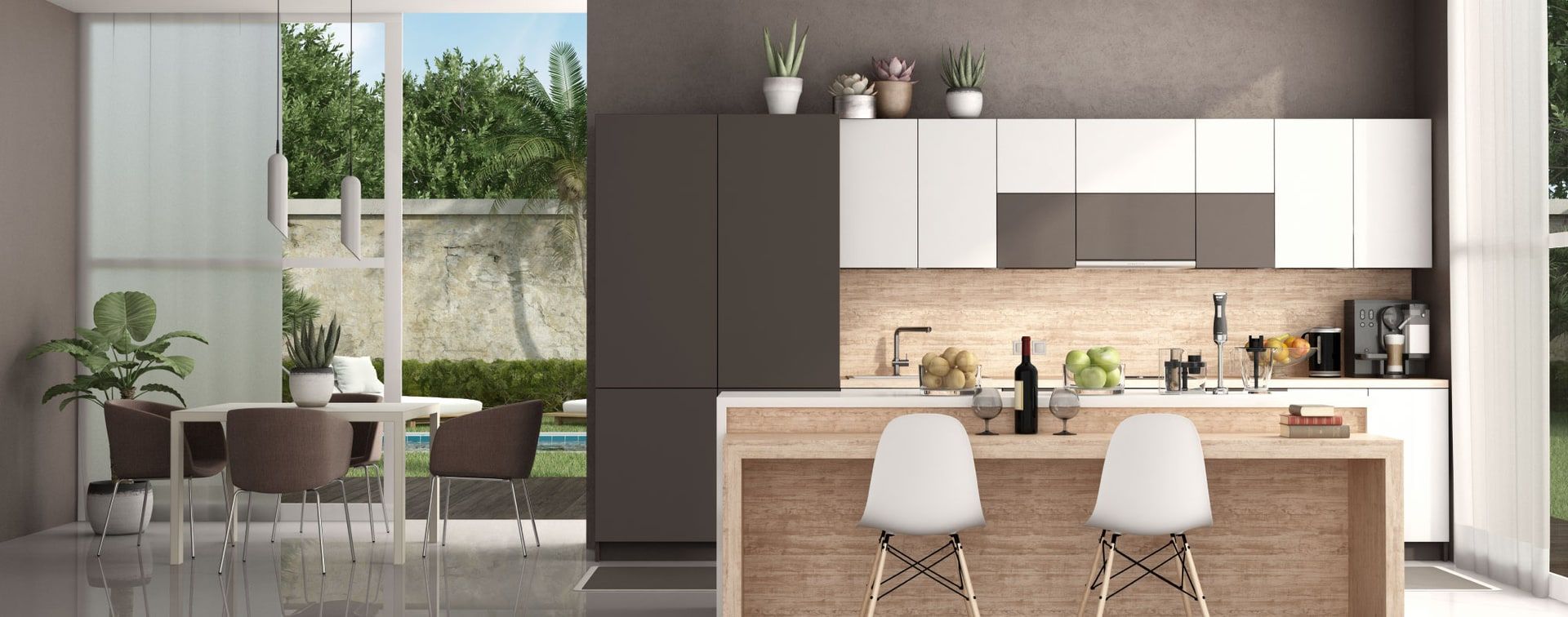 Open-plan kitchen renovation with exposed brick wall